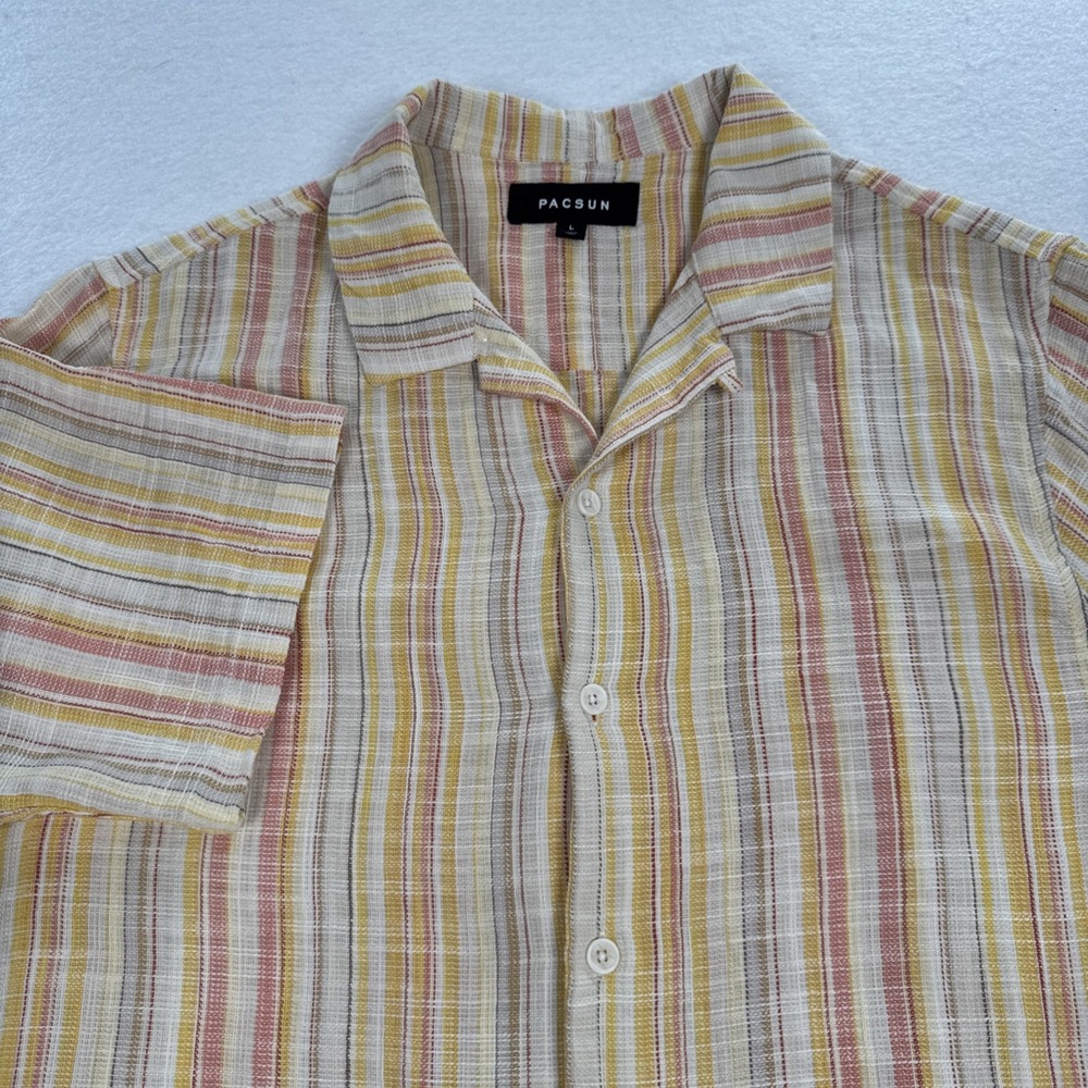 PacSun Camp Shirt Men's Large Cream Yellow Stripe Resort Cotton Hawaiian Dadcore